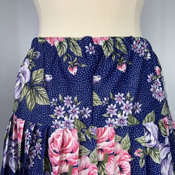 Vintage Pleated Skirt Womens Size 12 Navy Blue Rose Floral A Line Knee Length - Picture 7 of 14